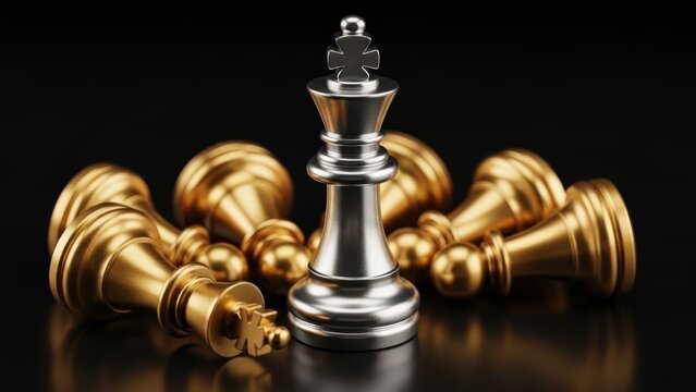 Gleaming silver chess king stands prominently, surrounded by defeated golden pawns on a dark surface.