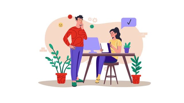Animated office collaboration scene with coworkers, computer, notebook and plant
