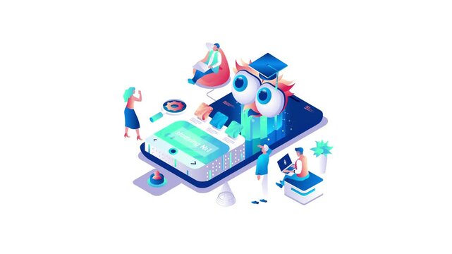 Isometric online learning app with students and smartphone education concept