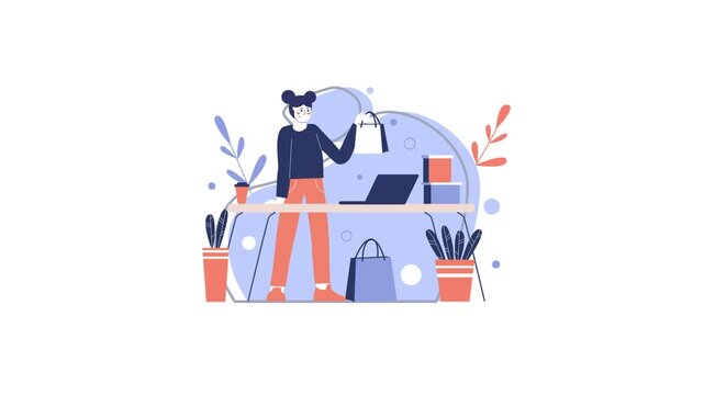 Online shopping woman with laptop and shopping bags flat vector illustration