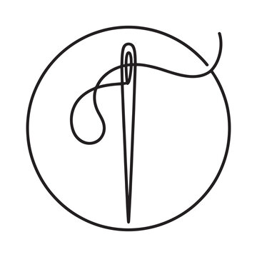 Simple line drawing of a needle and thread within a circular frame