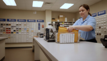 Fototapeta premium Woman sorting mail documents at desk in post office, mail organization process highlighting structured workflow, administrative control and professional postal service