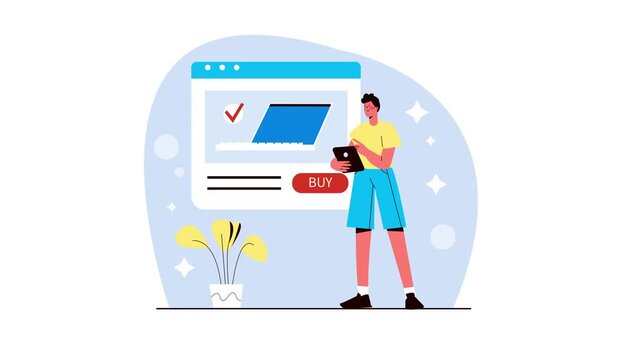 Animated online shopping app illustration with buyer and buy button