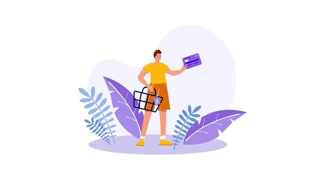 Young man shopping with credit card and basket flat vector illustration