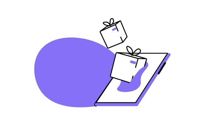 Animated online shop concept with gift boxes and mobile storefront
