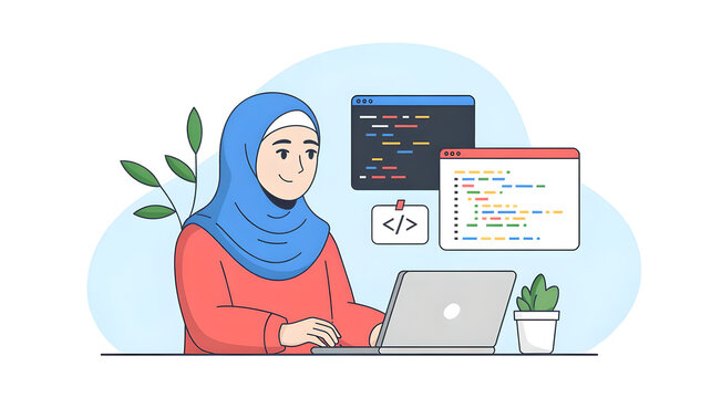 Cute Cartoon Illustration of a Young Muslim Woman Software Engineer Coding on Laptop