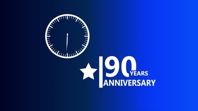 90 years anniversary blue gradient badge with clock symbol and star icon representing long term corporate milestone success achievement modern clean professional design 4k animation video