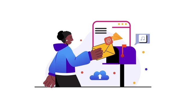 Animated woman sending email from smart mailbox with cloud upload