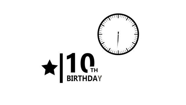 10 birthday celebration minimal black typography with clock icon and star symbol on white background representing party milestone concept clean modern design 4k visuals