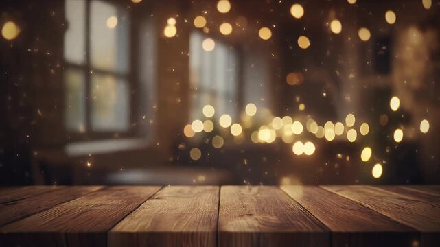 Soft bokeh lights glowing over wooden table in warm cozy indoor setting