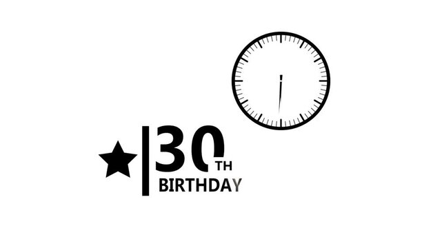 30 birthday minimal black typography with clock icon and star element on white background representing celebration milestone concept clean modern party style 4K black background visuals