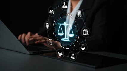 Fototapeta premium Futuristic Legal System Concept with Scales of Justice and Digital Icons Representing Law, Ethics, and Technology in Modern Law Practice Sigmoid