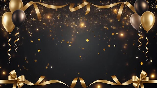 Floating Gold and Black Balloons with Glittering Ribbons in Dark Celebration Setting