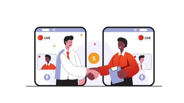 Animated remote business handshake during live video call on mobile screen