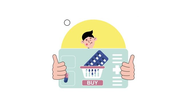 Online pharmacy shopping animation with man holding medicine purchase card