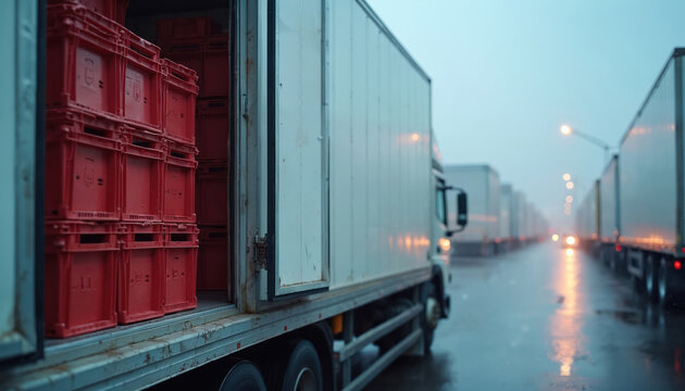 Red crates stacked inside open refrigerated truck. White trailers queue on wet road in cold weather. Logistics and delivery concept during inclement weather conditions.