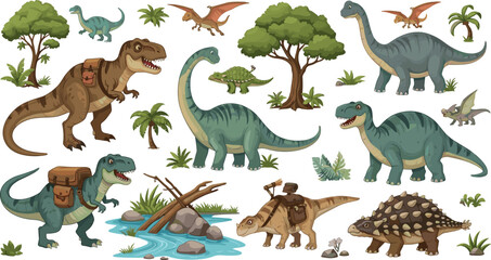 Dinosaur Collection with T-Rex, Brontosaurus, Pterodactyls, and Prehistoric Jungle Animals for Adventure Illustration on White Background © MSTRazia