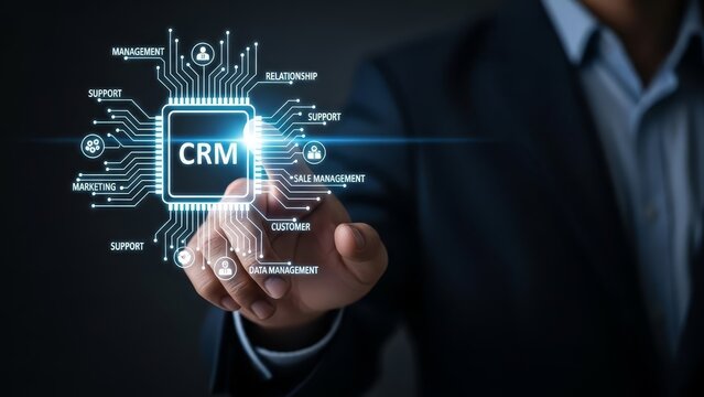 Businessman's finger touches a brilliant holographic crm circuit board surrounded by interconnected icons representing customer management.