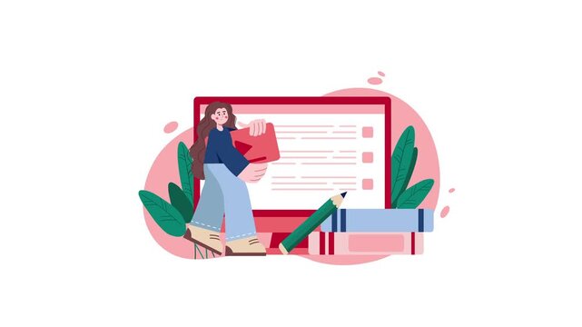 Female student with laptop and books in online learning flat illustration