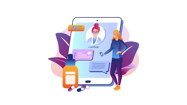 Animated online medical consultation with doctor and patient on smartphone