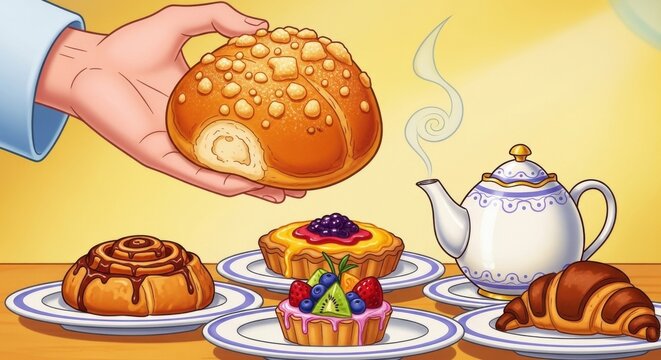 Fresh homemade Easter cake and eggs served on a white plate make a delicious sweet breakfast pastry or snack with tasty bread and cream