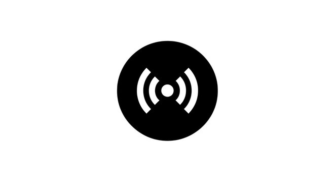 Wireless signal icon symbol in black circle isolated on white background for communication technology and network connection or broadcasting and radio frequency identification logo button vector