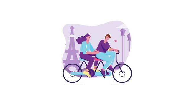 Happy couple riding tandem bicycle in Paris with Eiffel Tower animation
