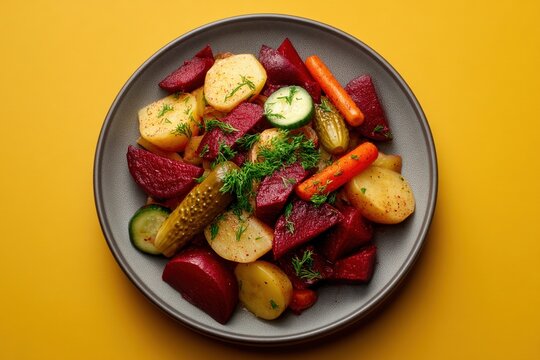 Serving of Vinegret With Beetroot, Potatoes, Pickles, Carrots, and Sauerkraut