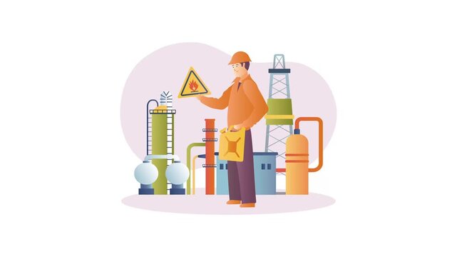 Industrial worker holding fire warning sign at oil refinery animation