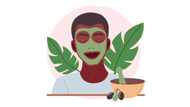 Woman with green facial mask and olive spa ingredients in vector illustration