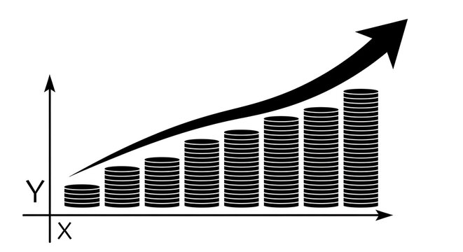 Financial growth chart illustration showing stacks of coins forming an upward bar graph with a rising arrow on x and y axes, conceptualizing profit, success, and economic wealth gain
