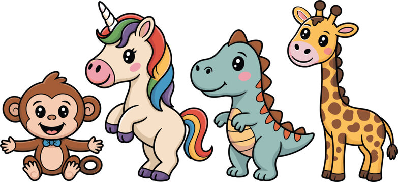 Cute cartoon animal character set including monkey unicorn dinosaur and giraffe vector illustrations for kids nursery and educational design