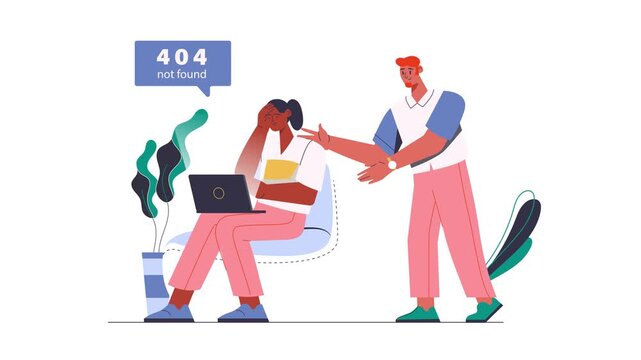 Animated 404 not found error with frustrated user and support agent