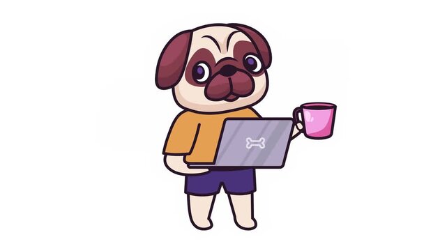 Cute animated pug dog working on laptop with coffee and app icons