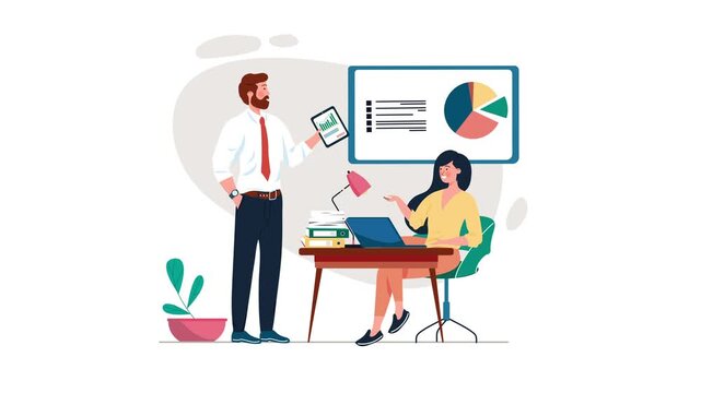 Animated business team discussing analytics presentation in modern office