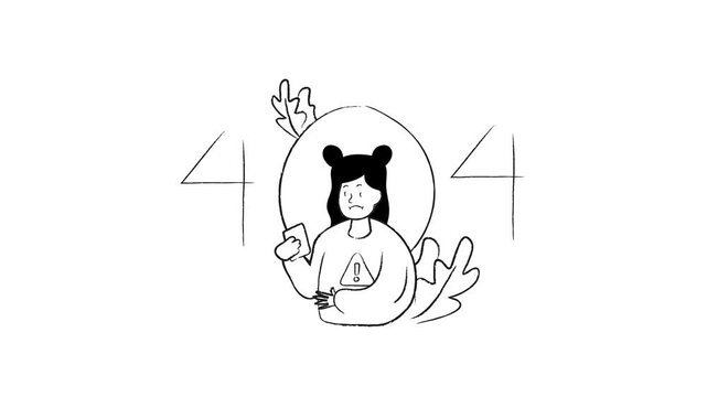 Sad cartoon girl holding phone in 404 error animation on white background