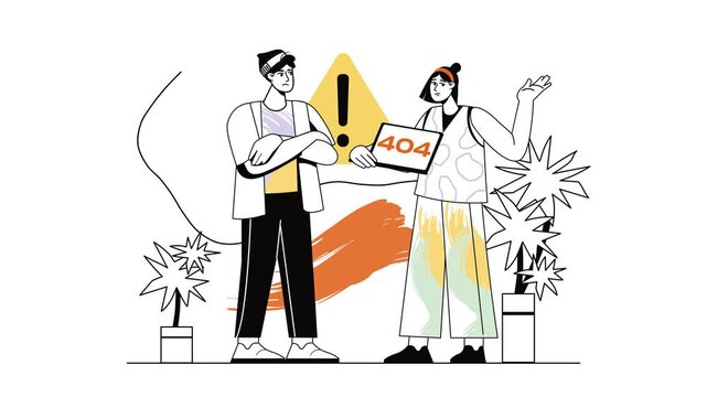 Animated 404 error web page with confused users and warning sign