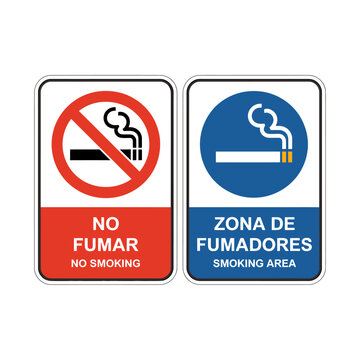 No smoking and smoking area signs in English and Spanish