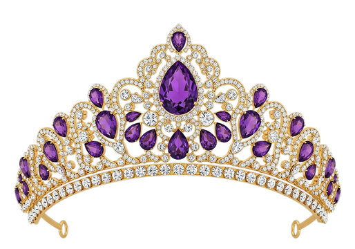A gold tiara with purple stones on a white background isolated on transparent background