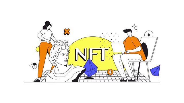 NFT creators collaborating around digital art and cryptocurrency concept