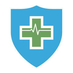 Obraz premium Blue Shield with Green Medical Cross and Heartbeat Line, Healthcare Protection Logo on Isolated White Background