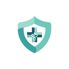 Obraz premium Teal and light blue medical shield logo with healthcare cross and caduceus symbol, representing modern health security on isolated white background.