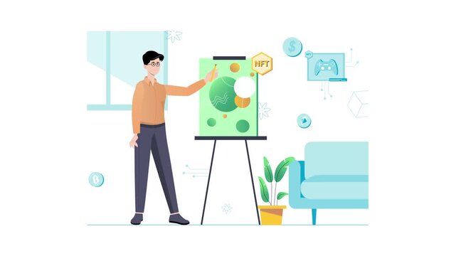 Young artist painting NFT artwork in modern creative studio animation