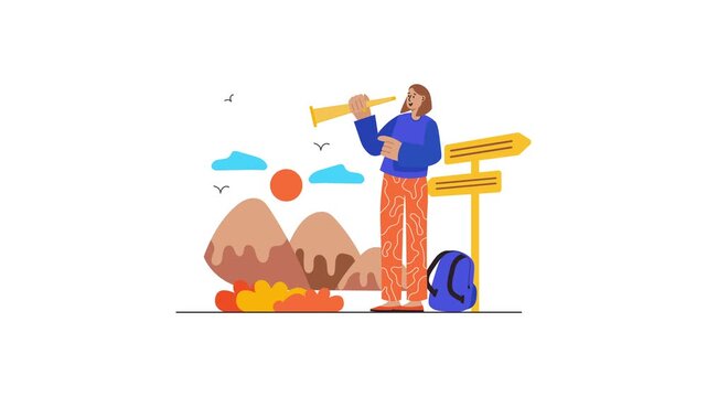 Animated female traveler scouting mountains with binoculars and signposts