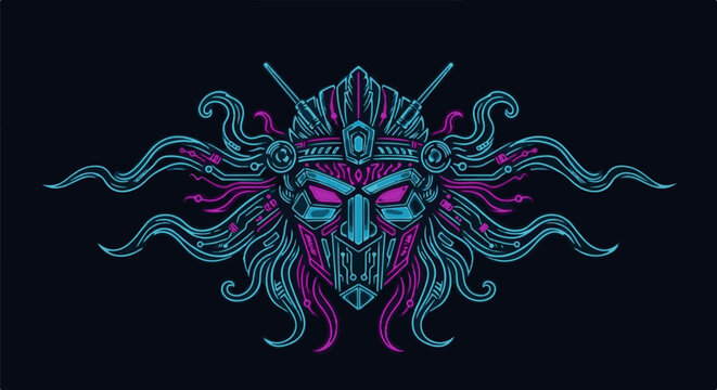 Cybernetic warrior mask with flowing circuits and glowing eyes on dark background