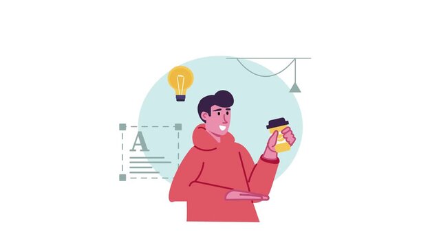 Creative writer holding coffee with light bulb and text layout elements