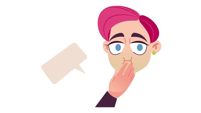 Animated surprised woman covering mouth with speech bubble on white background