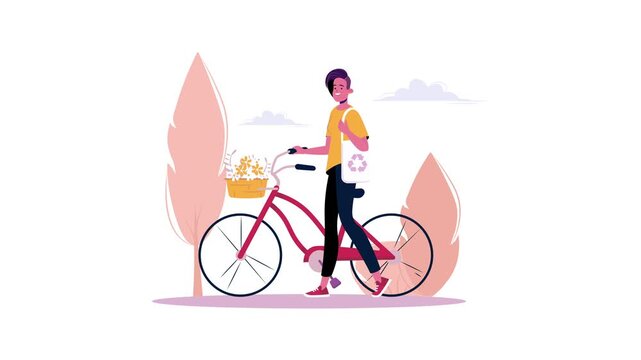 Eco friendly man walking bicycle with flowers and recycle bag animation