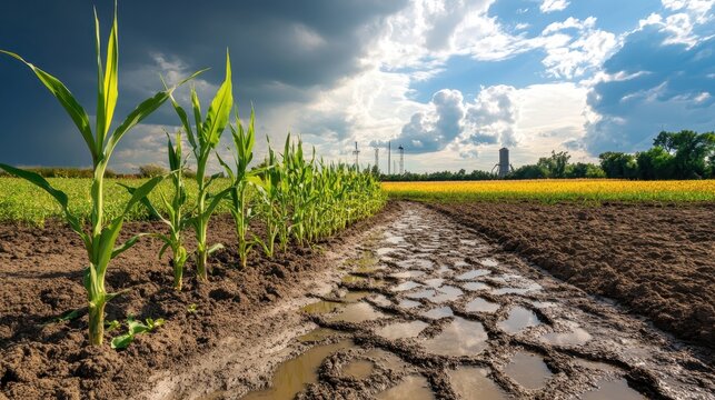 A muddy farm path alongside corn crops under an overcast sky with distant windmills and a silo