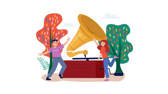 Happy couple posing with giant gramophone in colorful autumn park animation